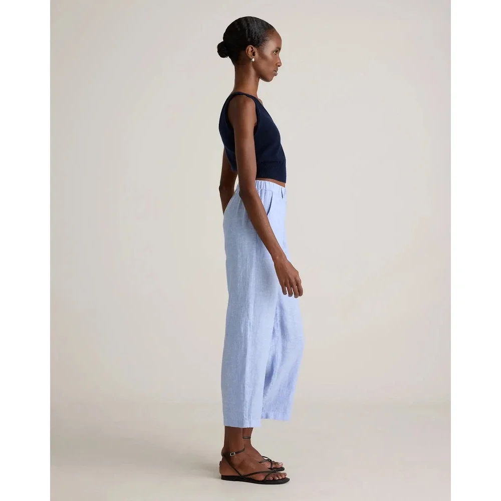 Quince 100% European Linen Pants French Blue Straight Leg Elastic Waist Large